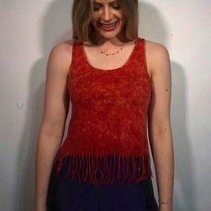 Washed-Out Red Cropped Tank with Fringe
